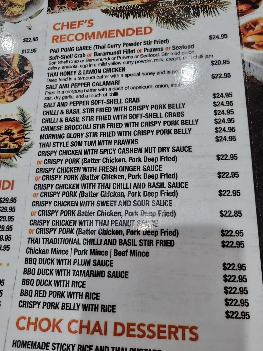 Menu, Chok Chai Thai Restaurant