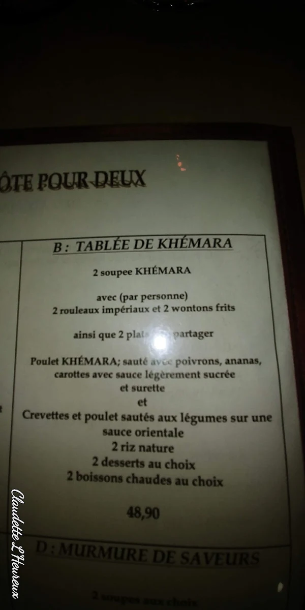 Menu, Restaurant Khemara
