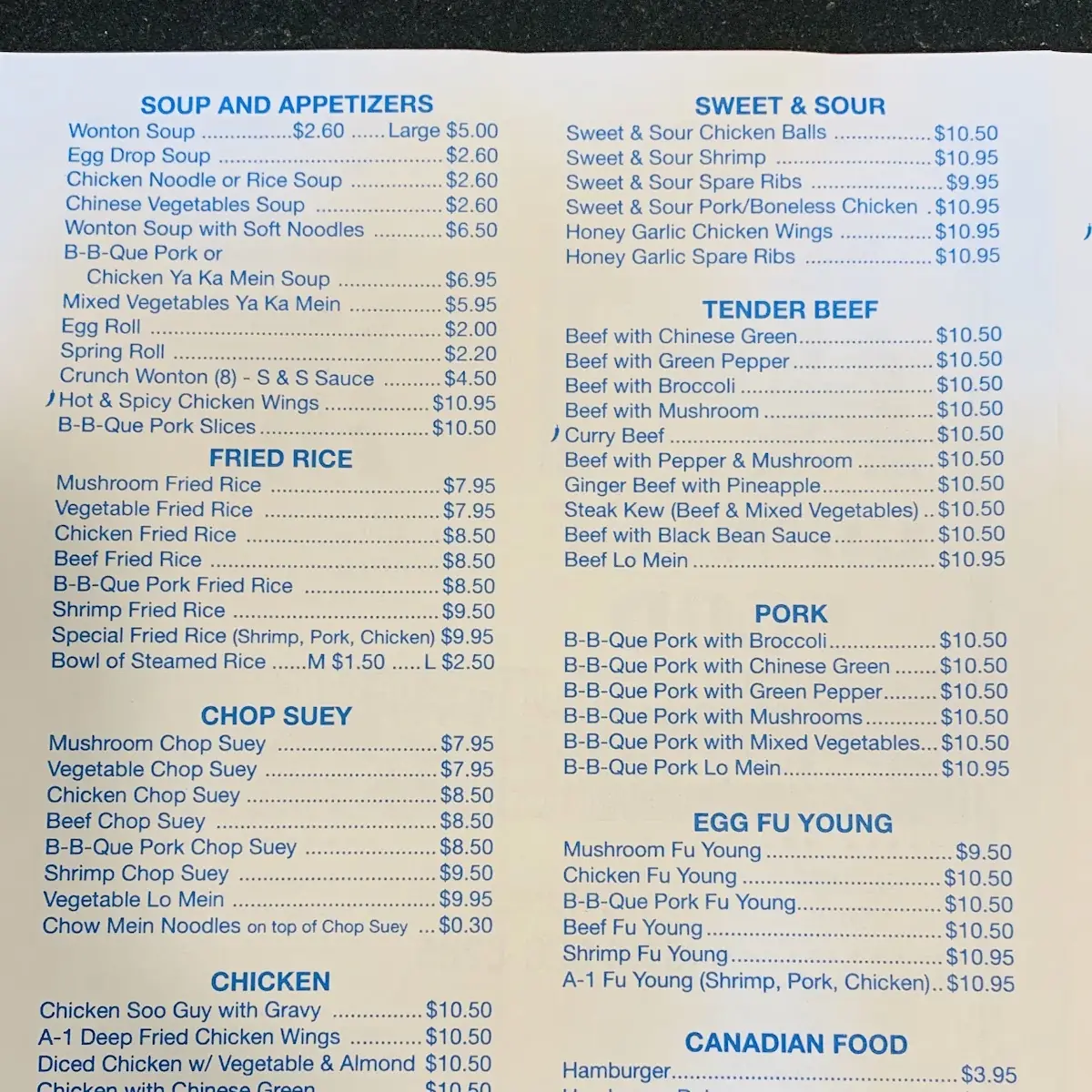 Menu, A-1 Chinese Restaurant