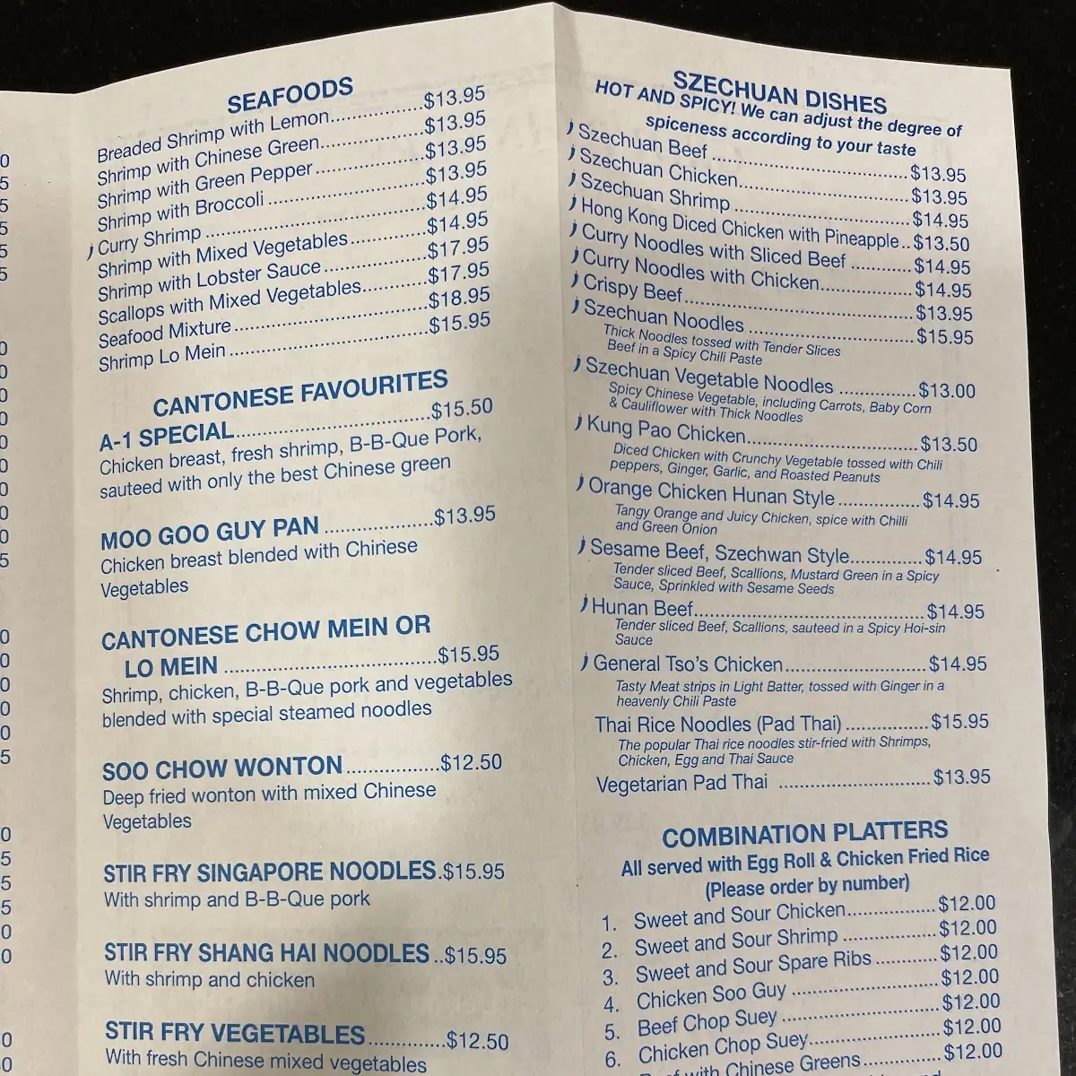 Menu, A-1 Chinese Restaurant
