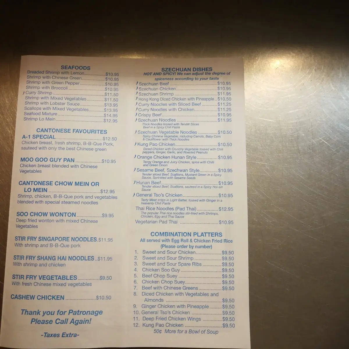 Menu, A-1 Chinese Restaurant