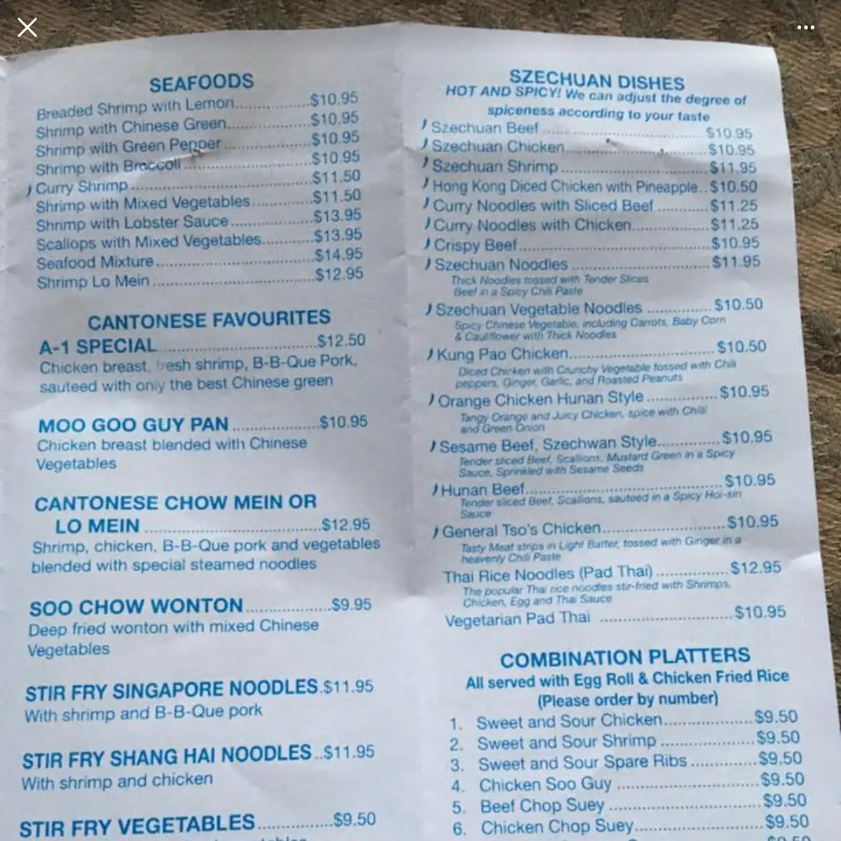 Menu, A-1 Chinese Restaurant