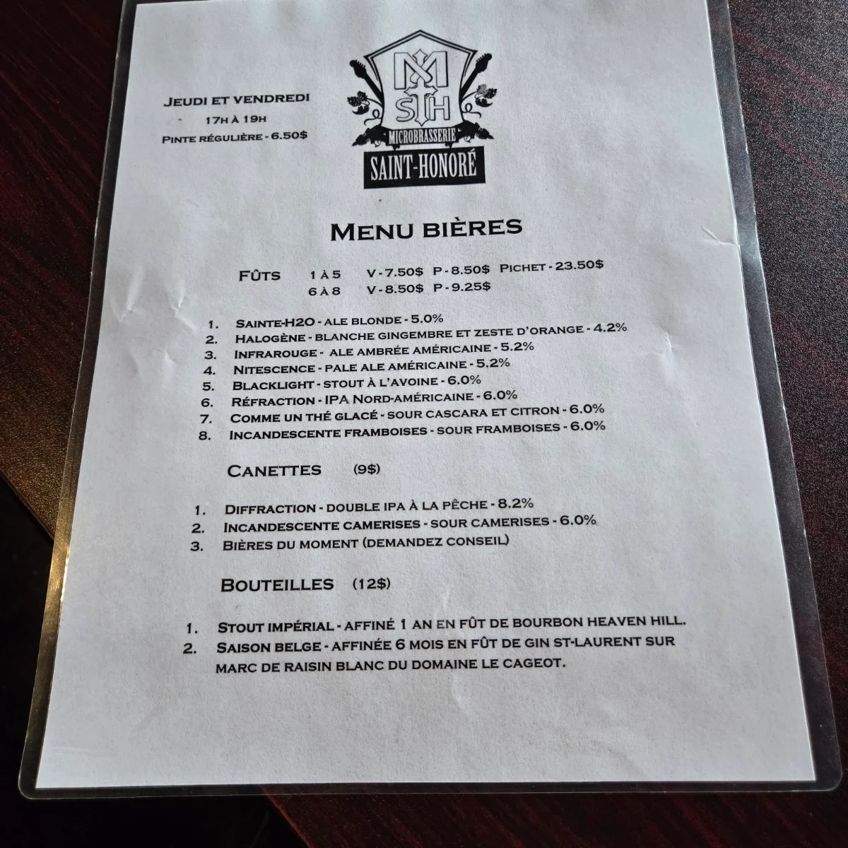 Menu, Pub Le Laser - Microbrasserie Saint-Honoré