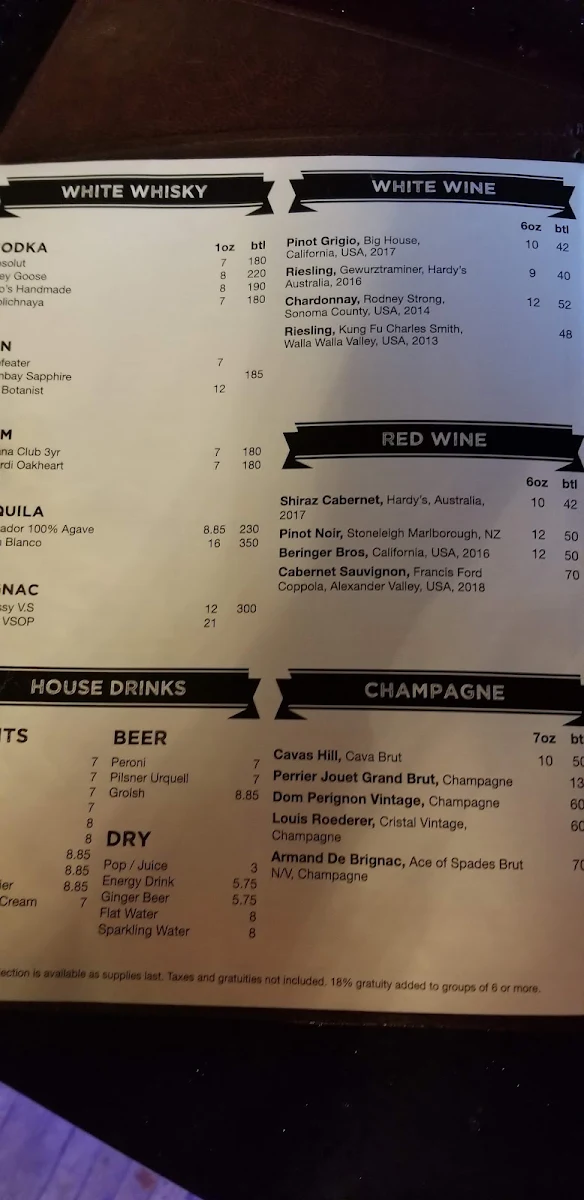 Menu, CC Lounge and Whisky Bar
