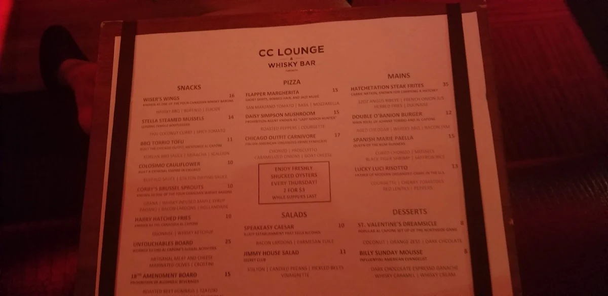 Menu, CC Lounge and Whisky Bar