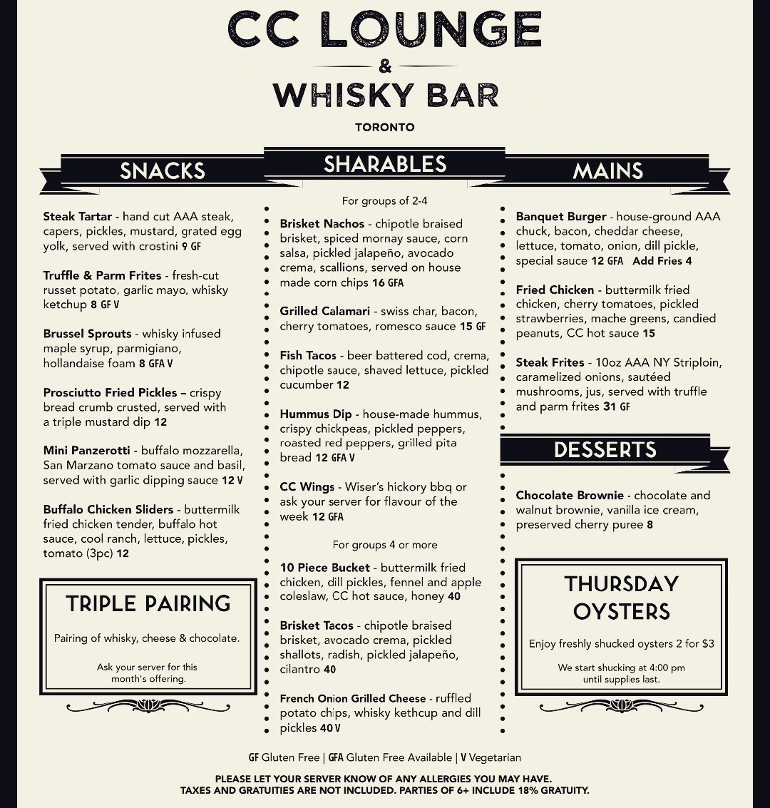 Menu, CC Lounge and Whisky Bar