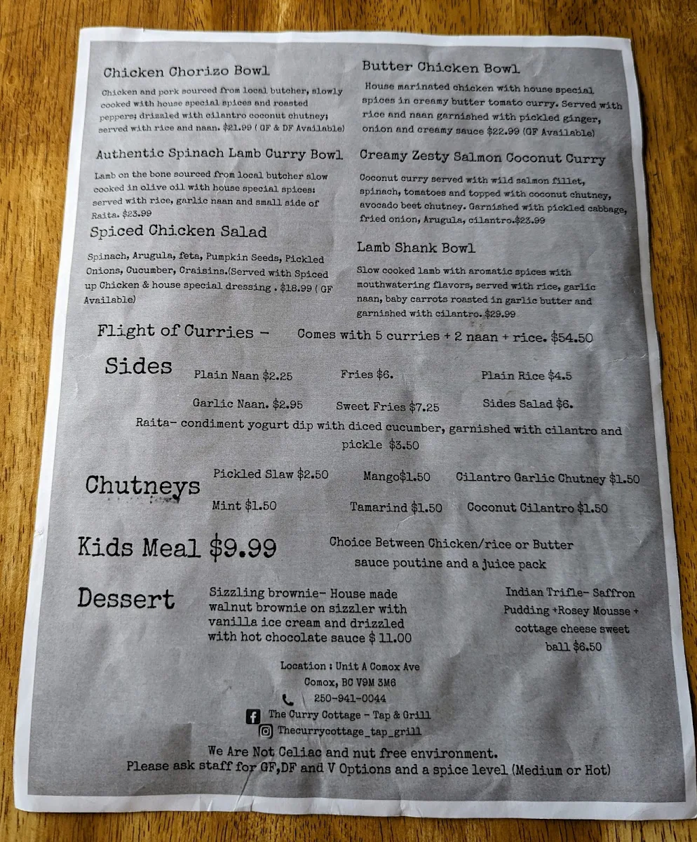 Menu, The Curry Cottage - Tap & Grill