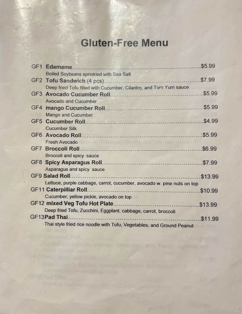 Menu, Tenon Vegetarian Cuisine