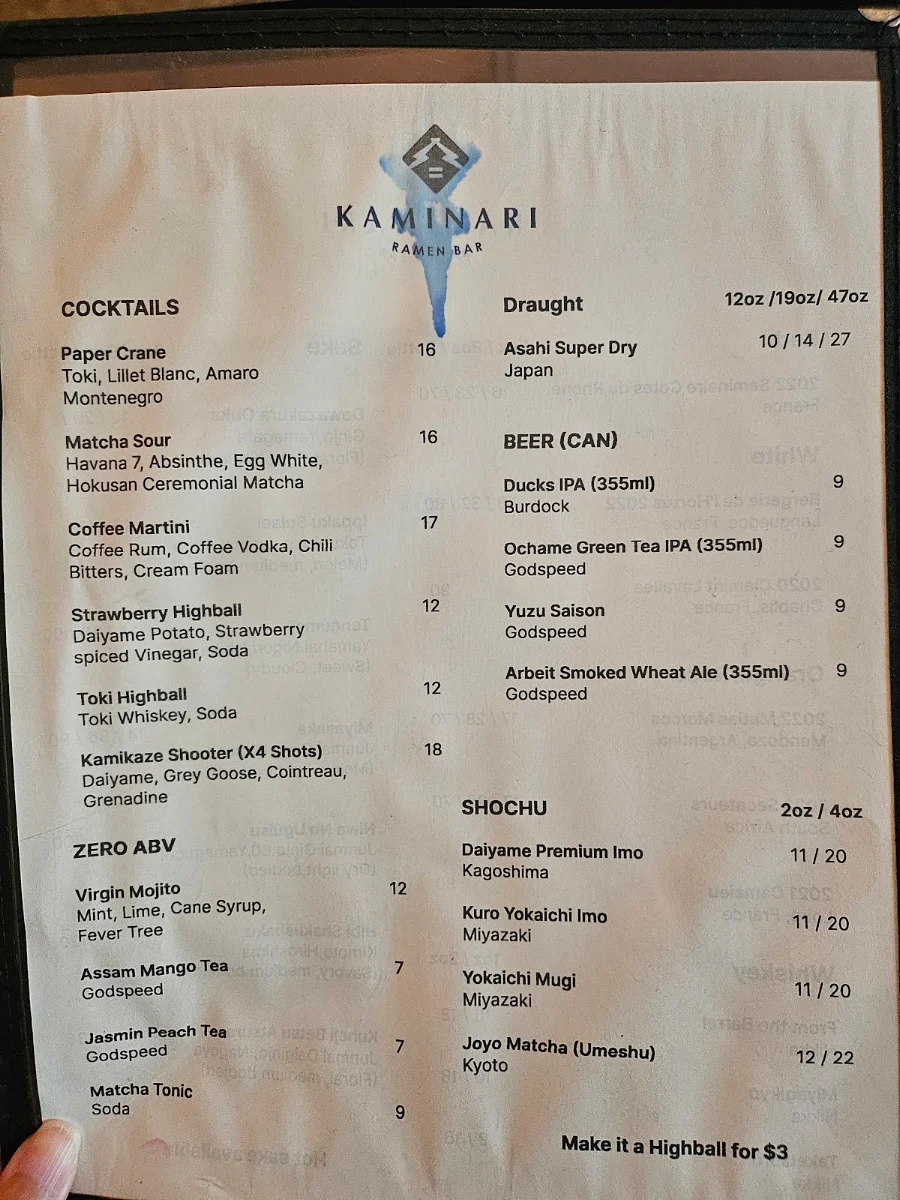 Menu, Kaminari Ramen Bar