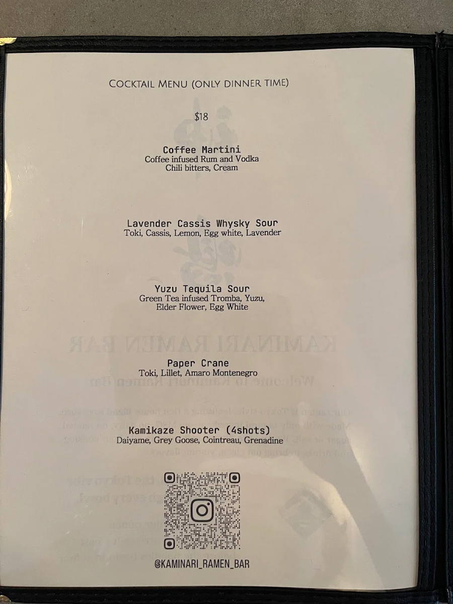 Menu, Kaminari Ramen Bar