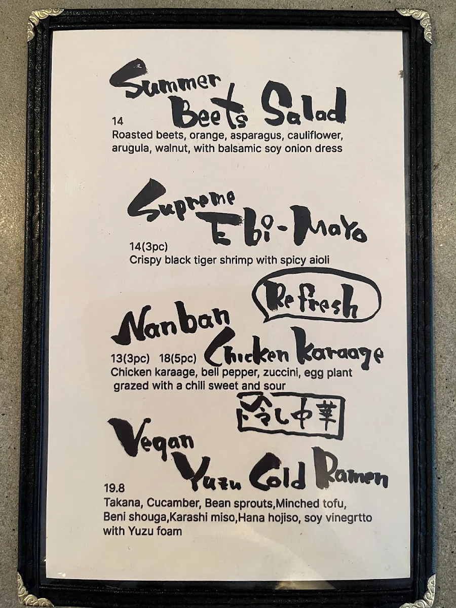 Menu, Kaminari Ramen Bar