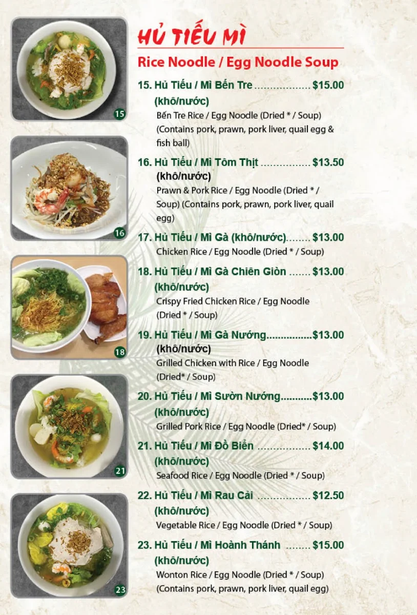 Menu, Hủ Tiếu Mì BẾN TRE