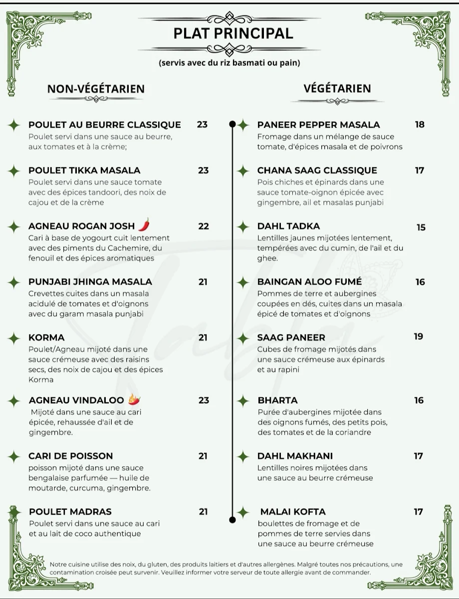 Menu, Restaurant Tabla