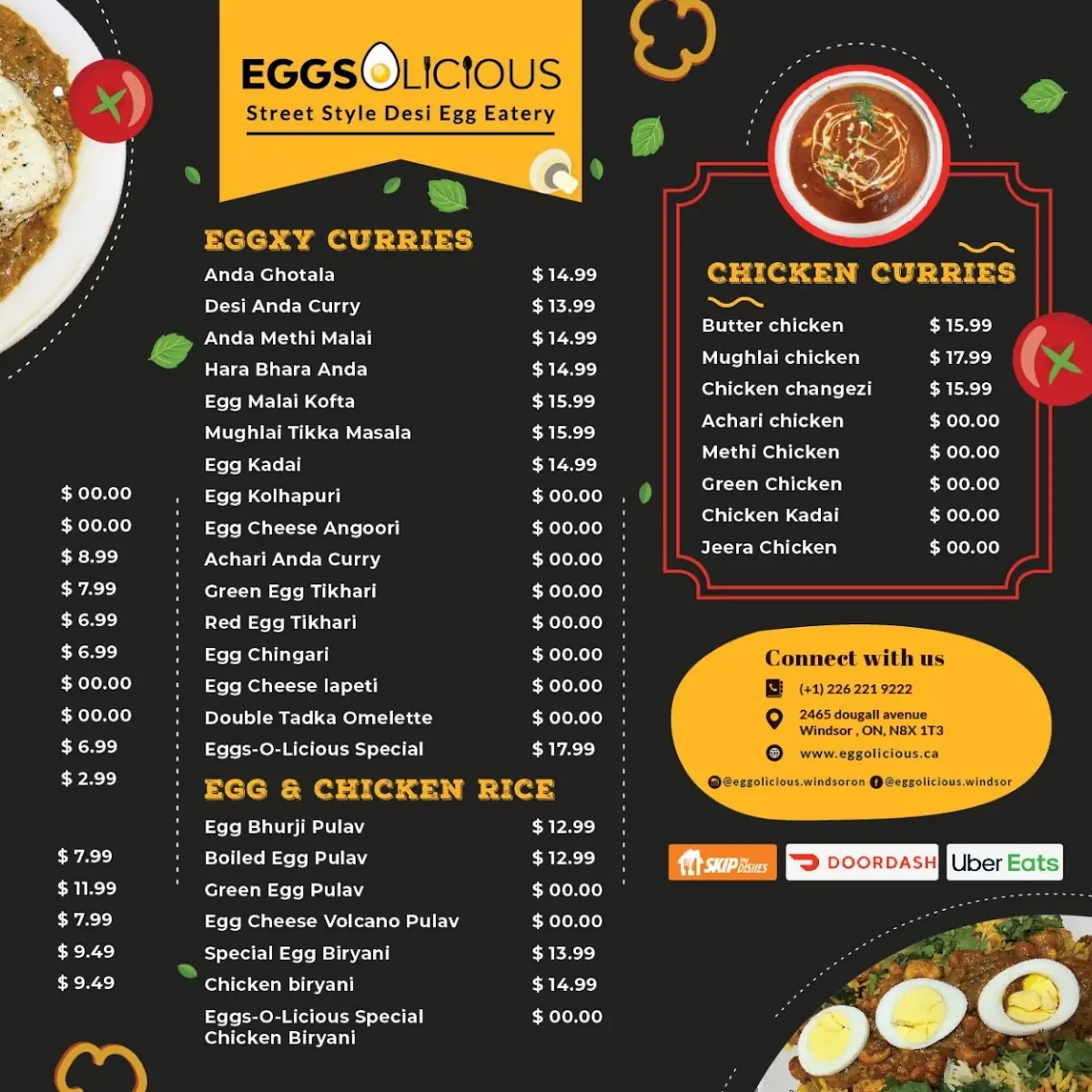 Menu, Egg N Spice Indian restaurant windsor