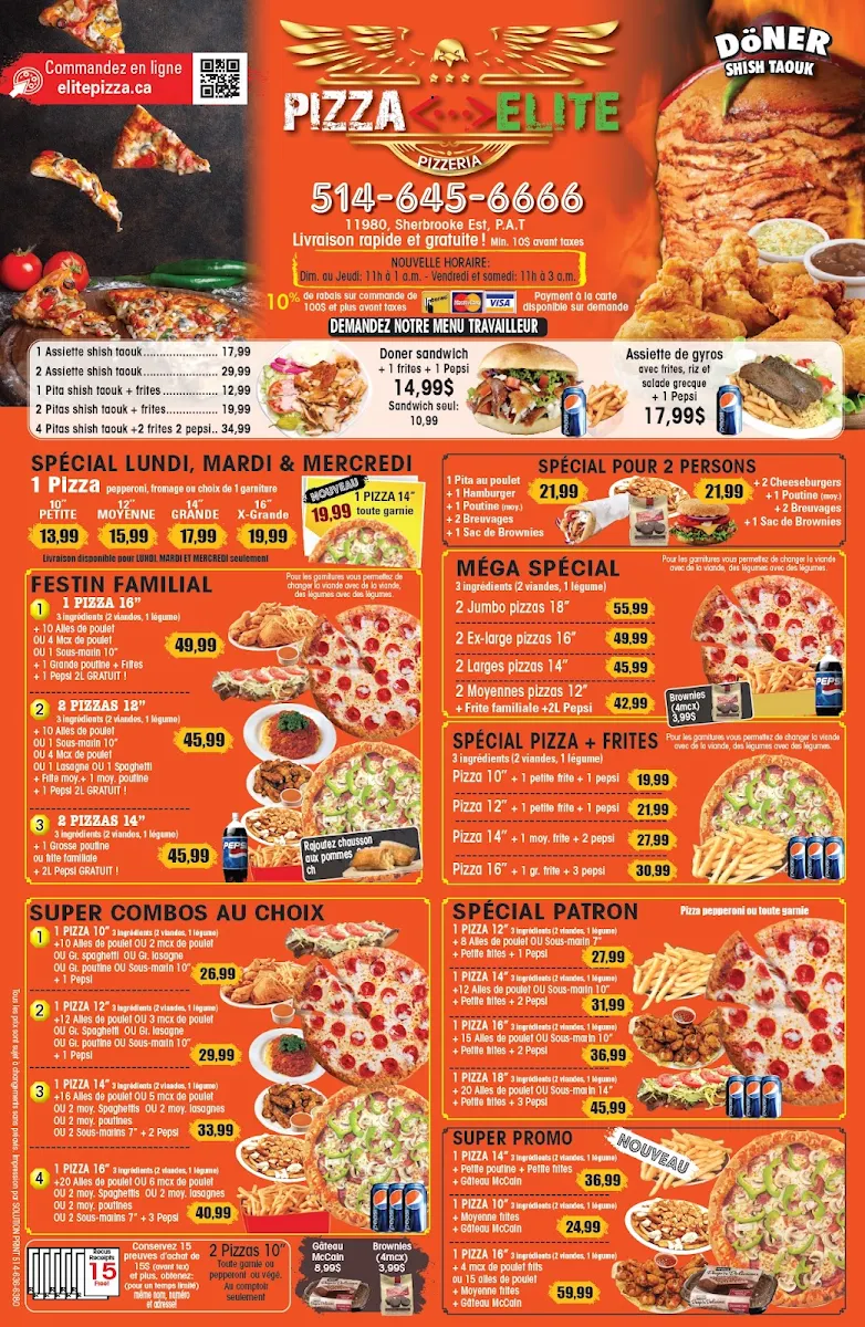 Menu, Pizza Elite