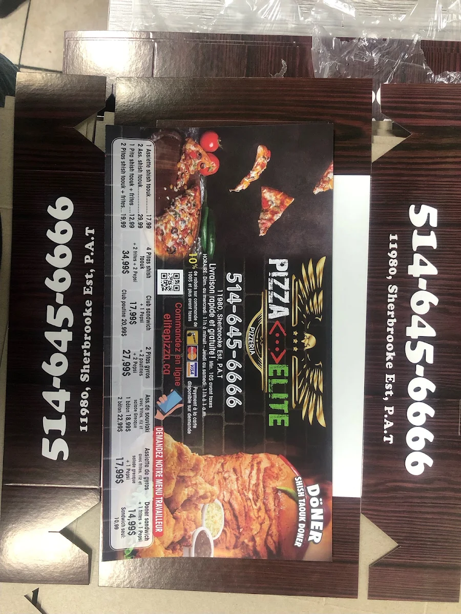 Menu, Pizza Elite