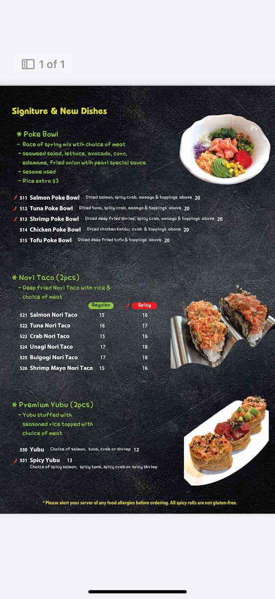 Menu, Pearl Sushi