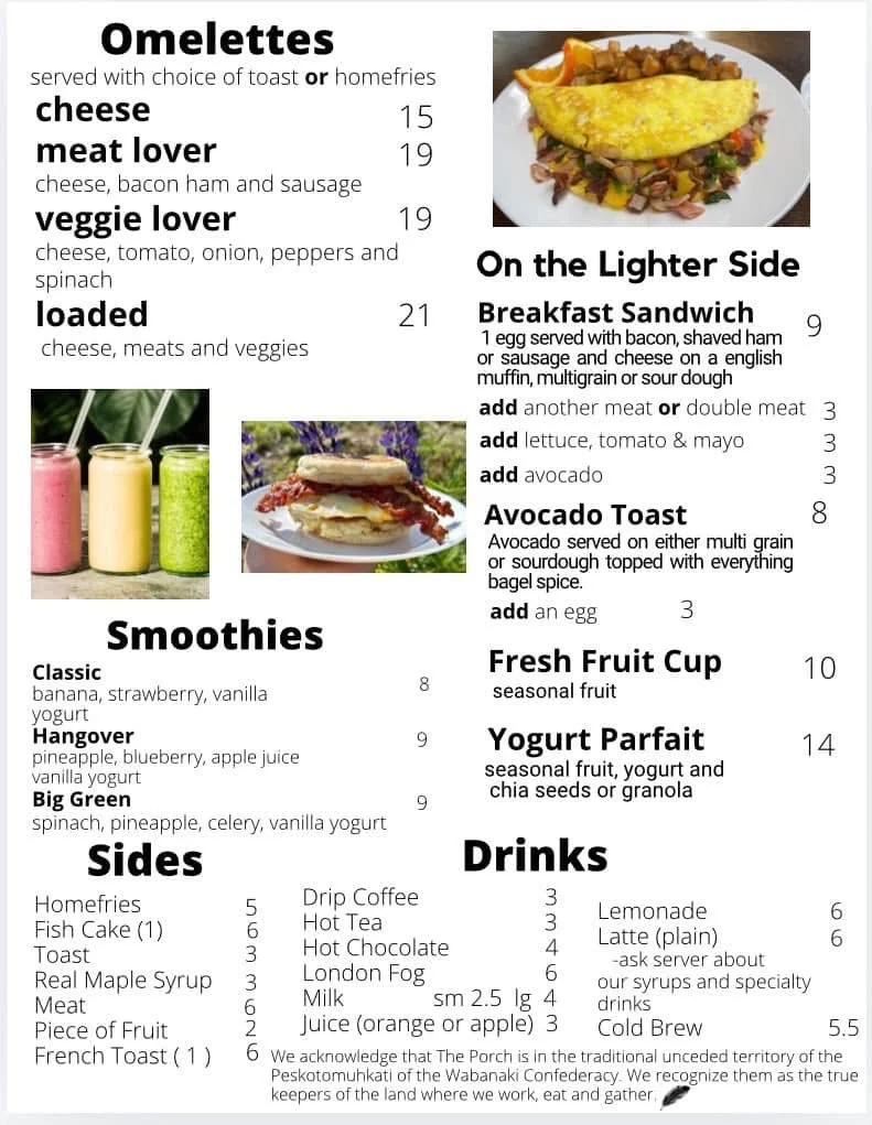 Menu, The Porch at Friar’s Bay Inn and Cottages