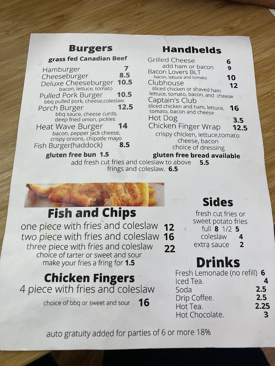 Menu, The Porch at Friar’s Bay Inn and Cottages