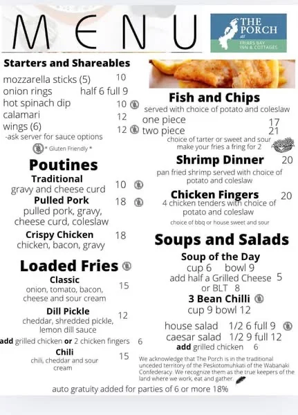 Menu, The Porch at Friar’s Bay Inn and Cottages
