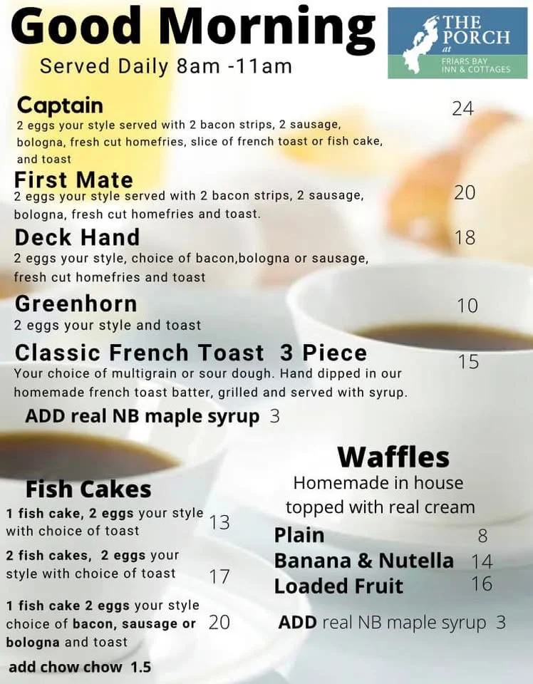 Menu, The Porch at Friar’s Bay Inn and Cottages
