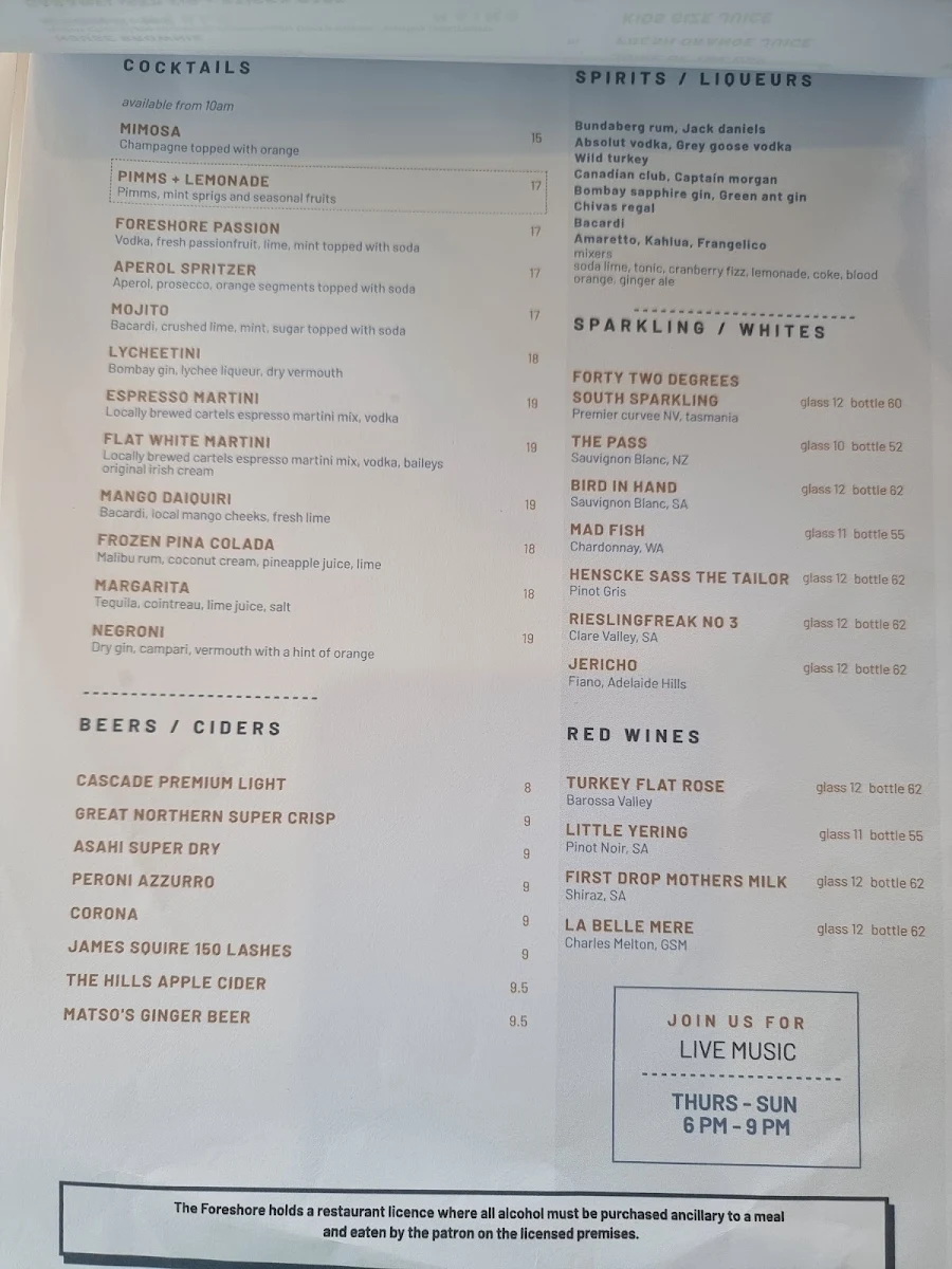 Menu, The Foreshore