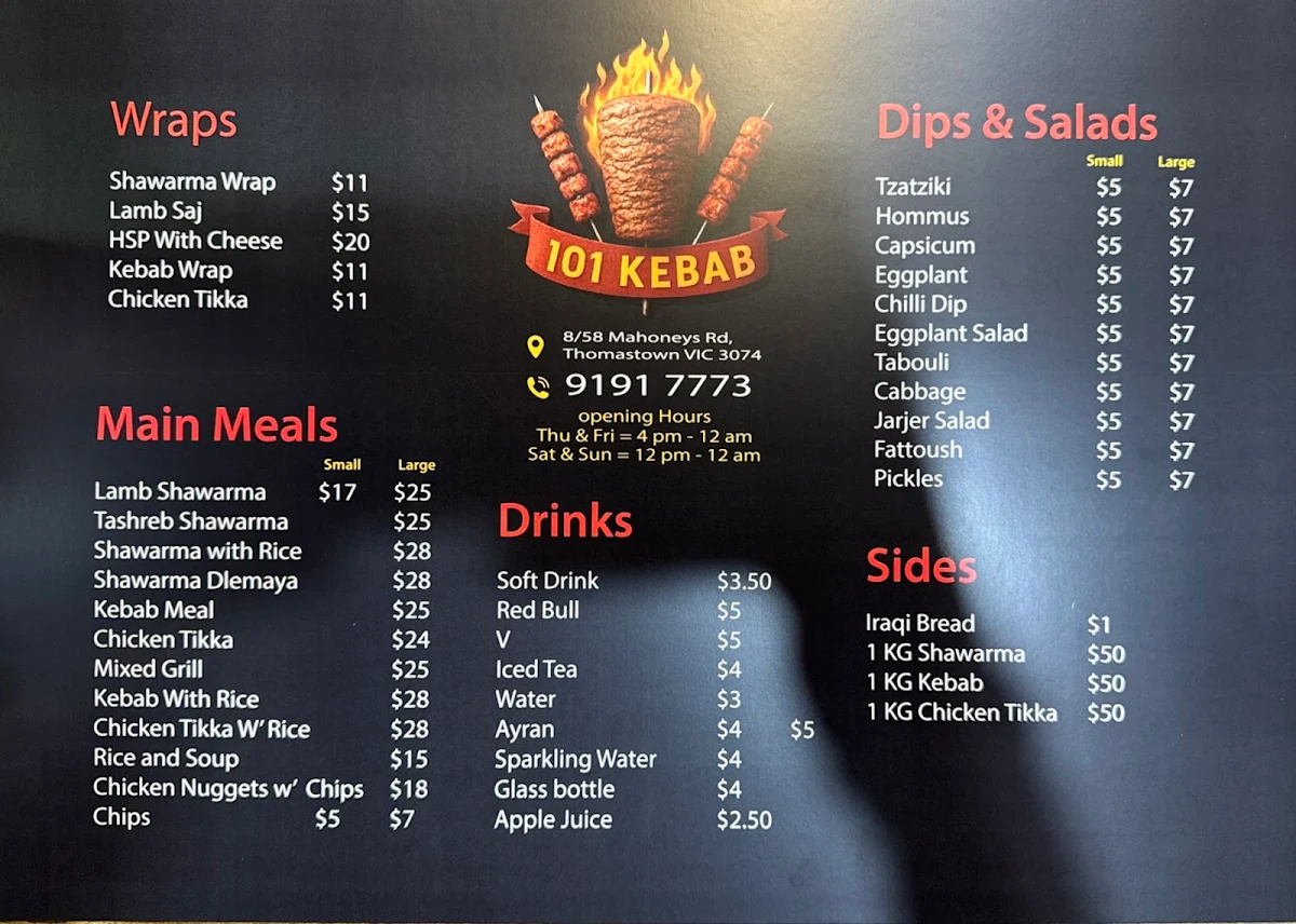 Menu, 101 kebab
