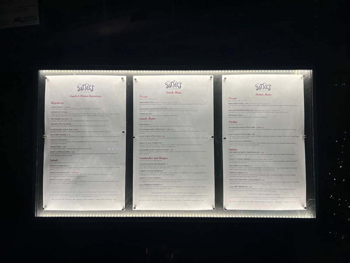 Menu, Garlic's of London