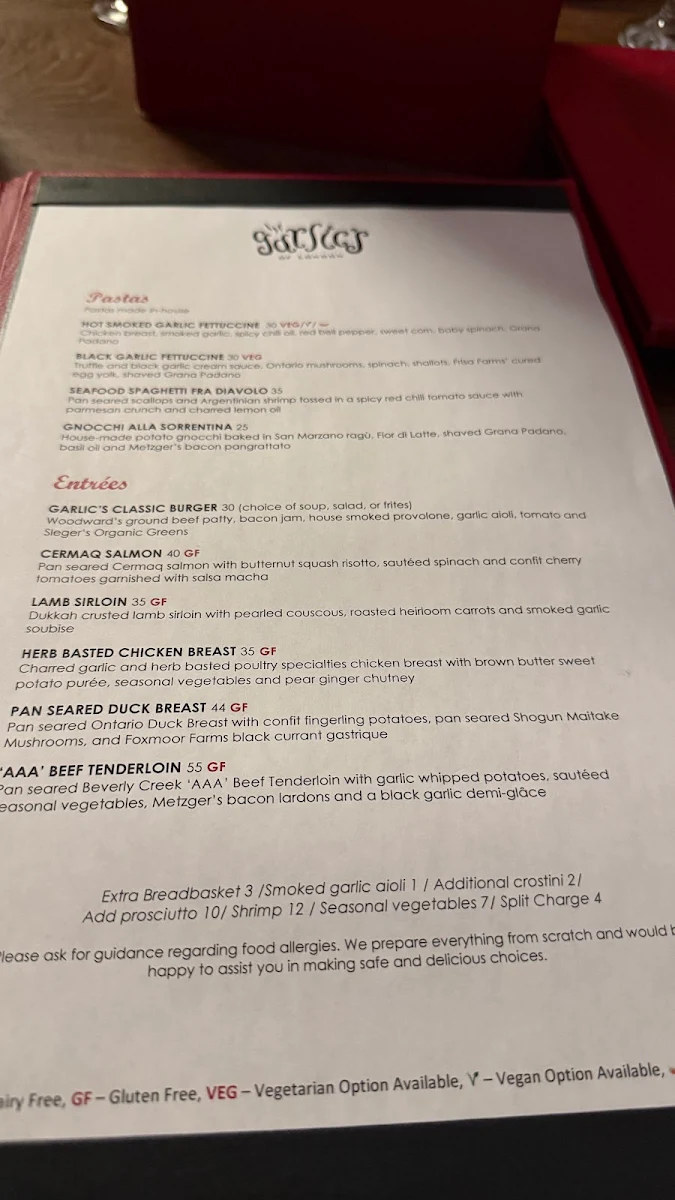 Menu, Garlic's of London