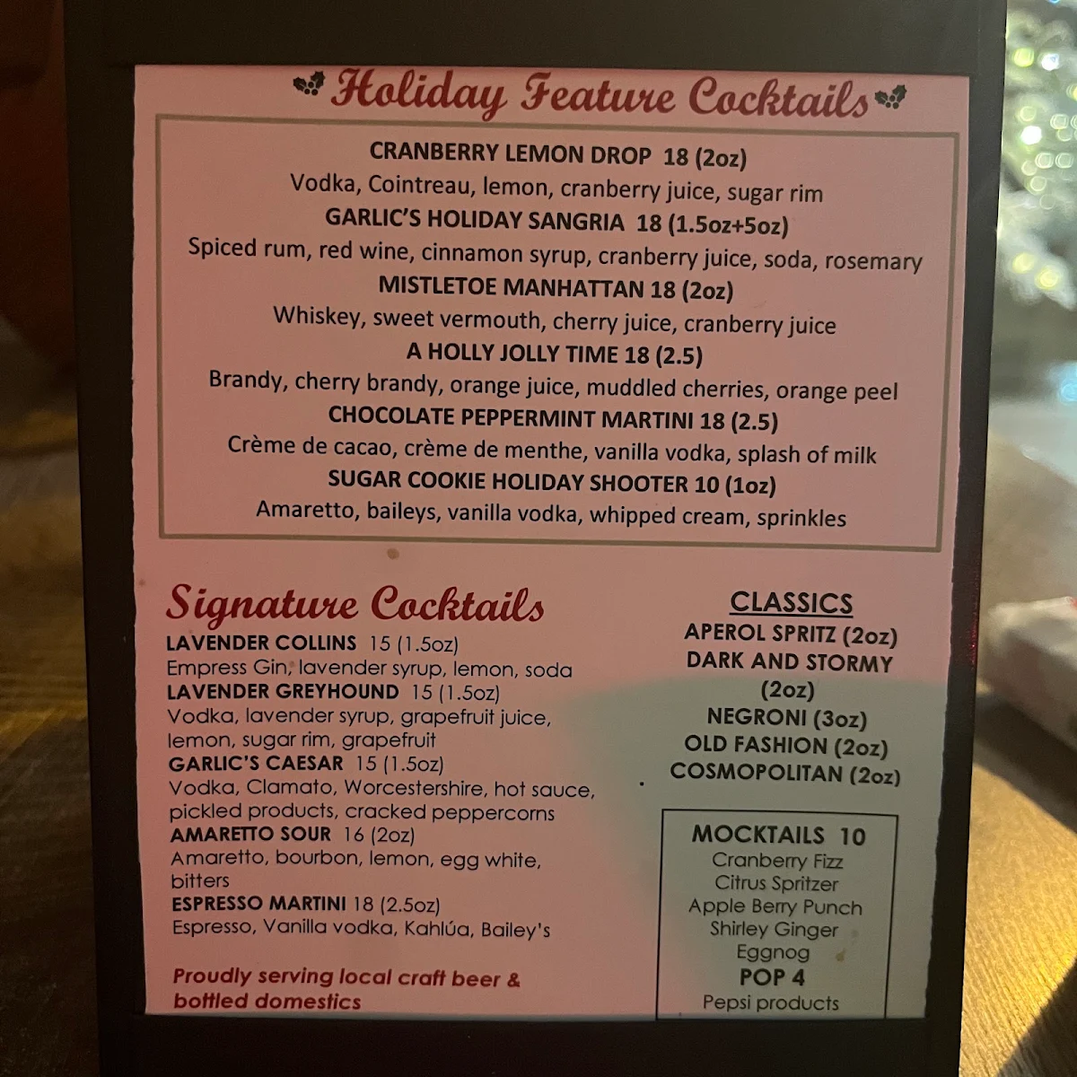 Menu, Garlic's of London