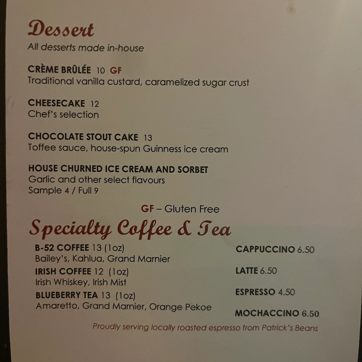 Menu, Garlic's of London