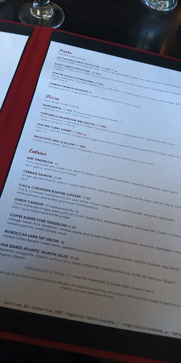 Menu, Garlic's of London
