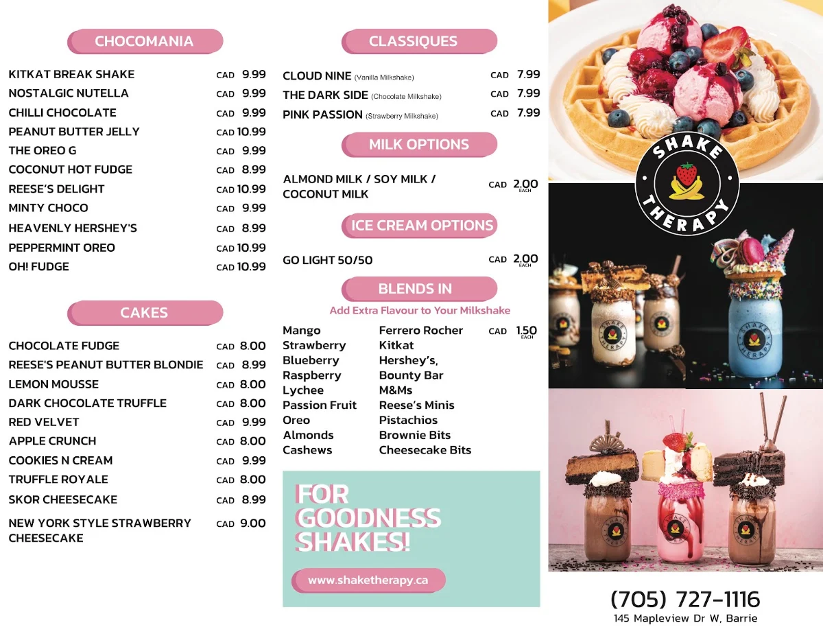 Menu, Shake Therapy Barrie