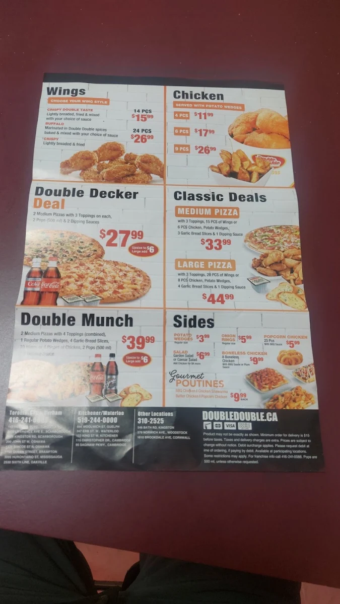 Menu, Double Double Pizza & Chicken