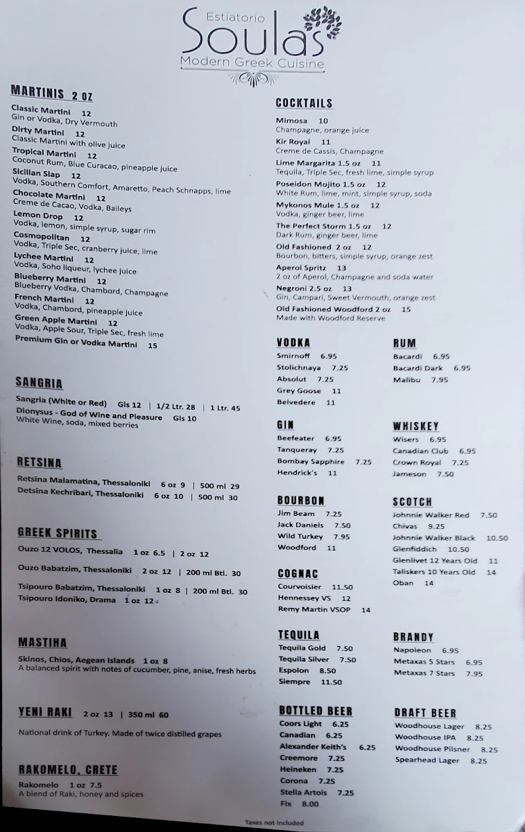 Menu, Soulas Modern Greek Cuisine
