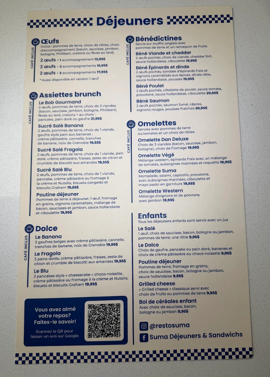 Menu, Suma Déjeuners & Sandwichs