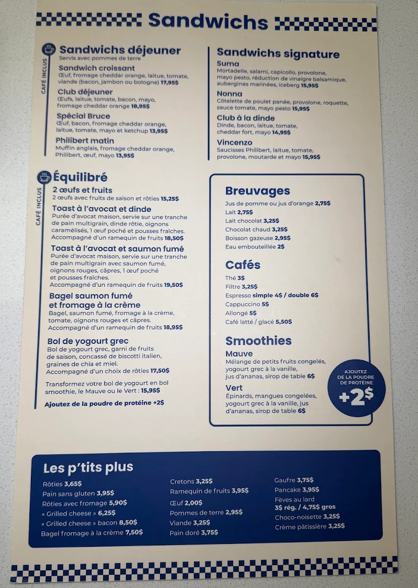 Menu, Suma Déjeuners & Sandwichs