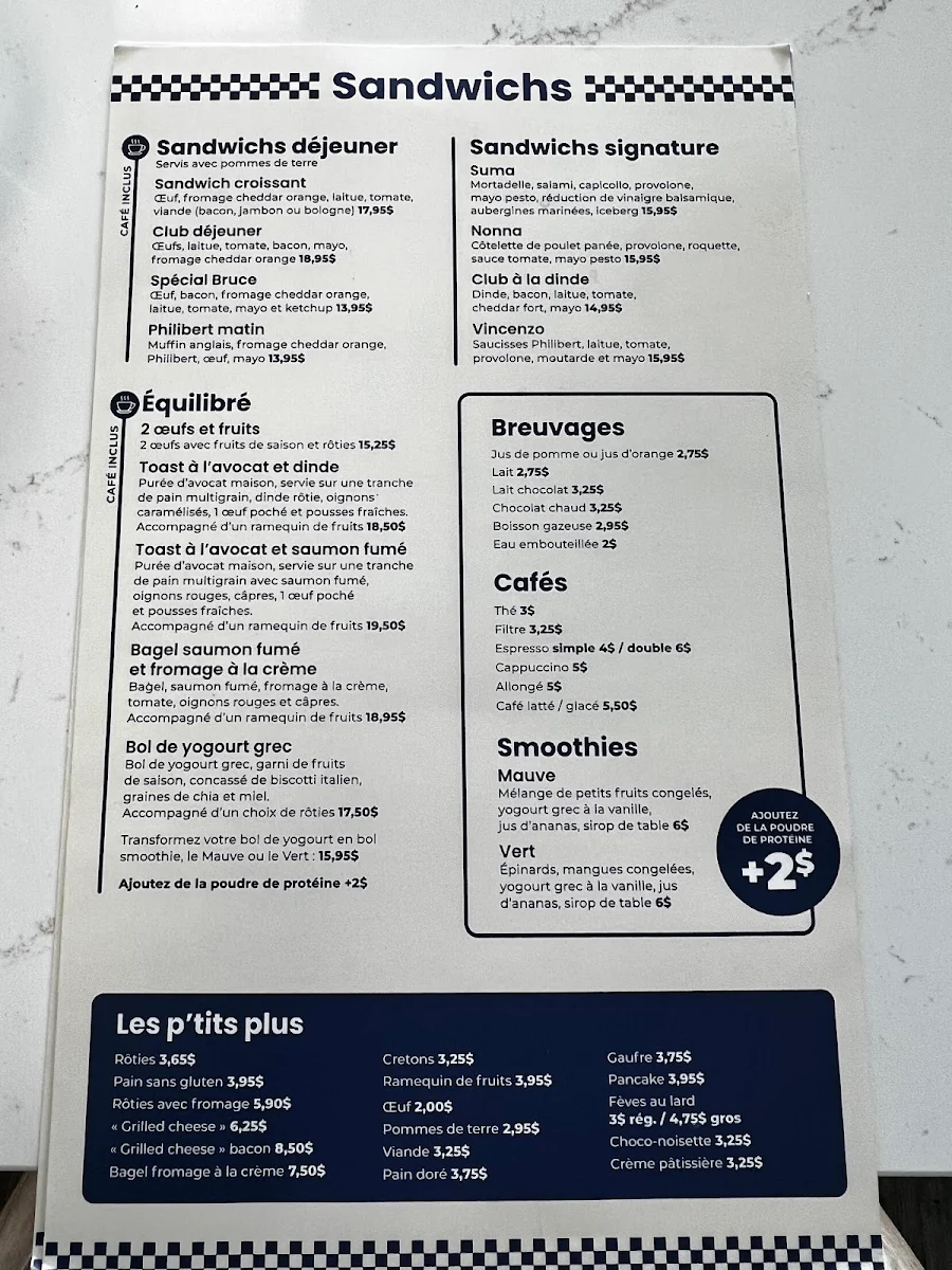 Menu, Suma Déjeuners & Sandwichs