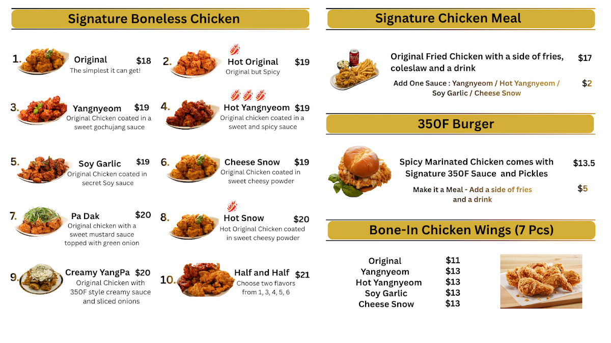 Menu, 350°F Korean Fried Chicken - Port Coquitlam