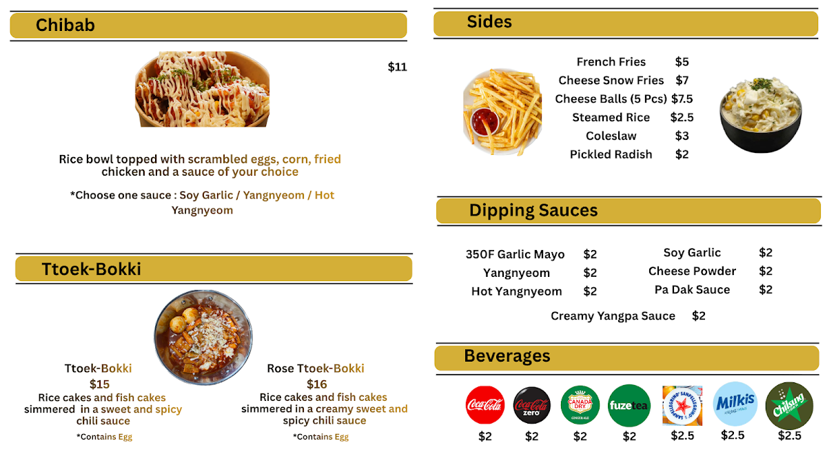 Menu, 350°F Korean Fried Chicken - Port Coquitlam
