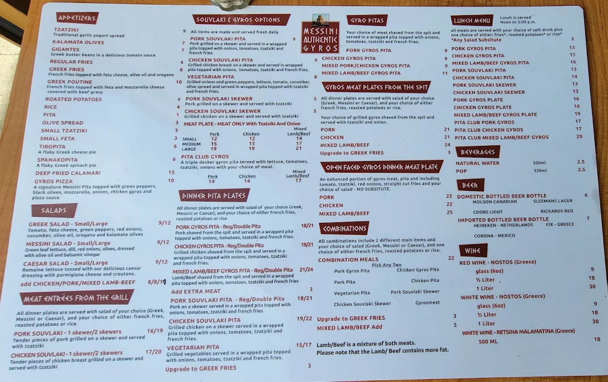 Menu, Messini Authentic Gyros