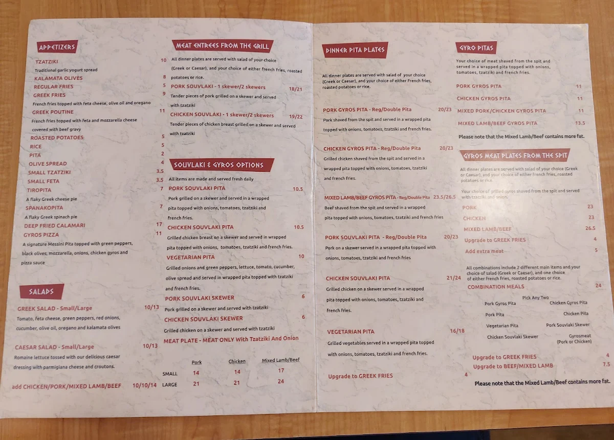 Menu, Messini Authentic Gyros