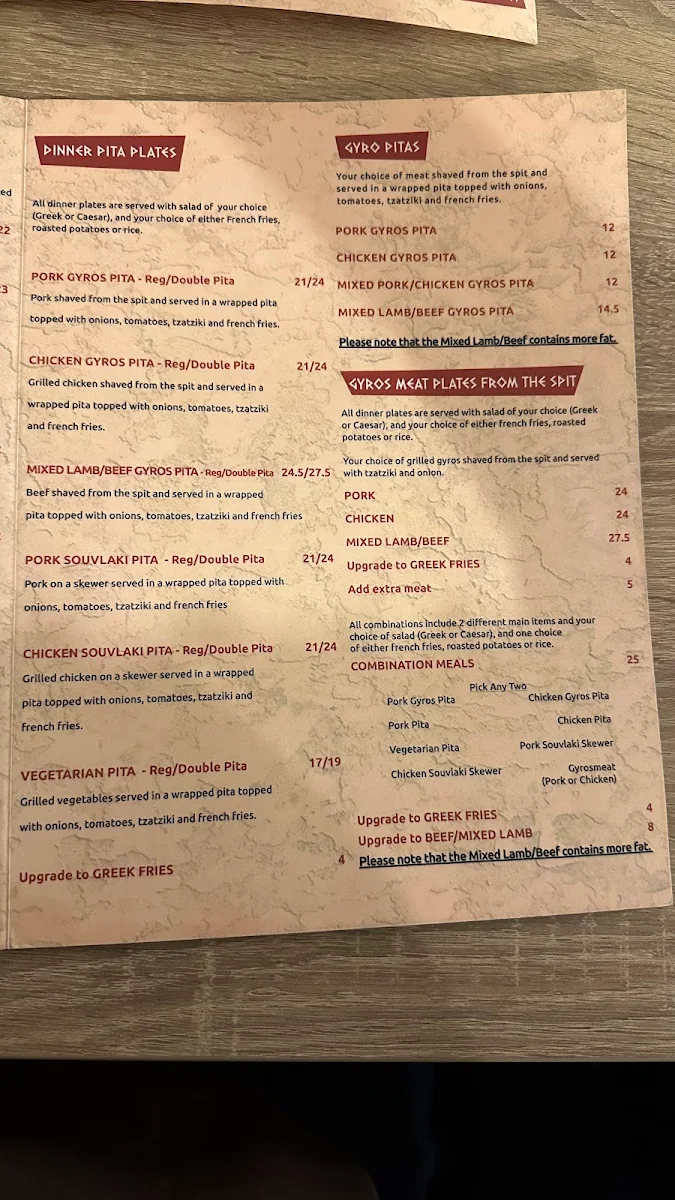 Menu, Messini Authentic Gyros