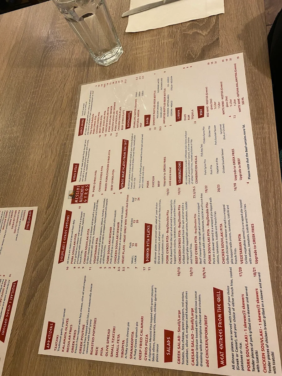 Menu, Messini Authentic Gyros