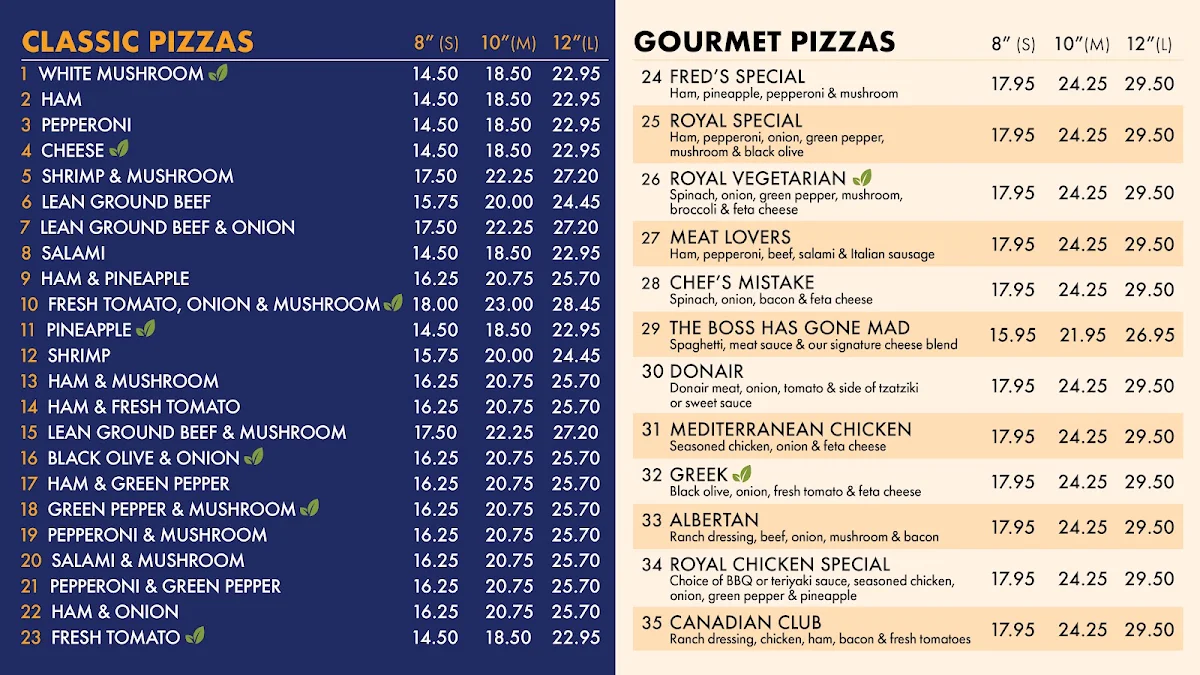 Menu, Royal Pizza Market Mall