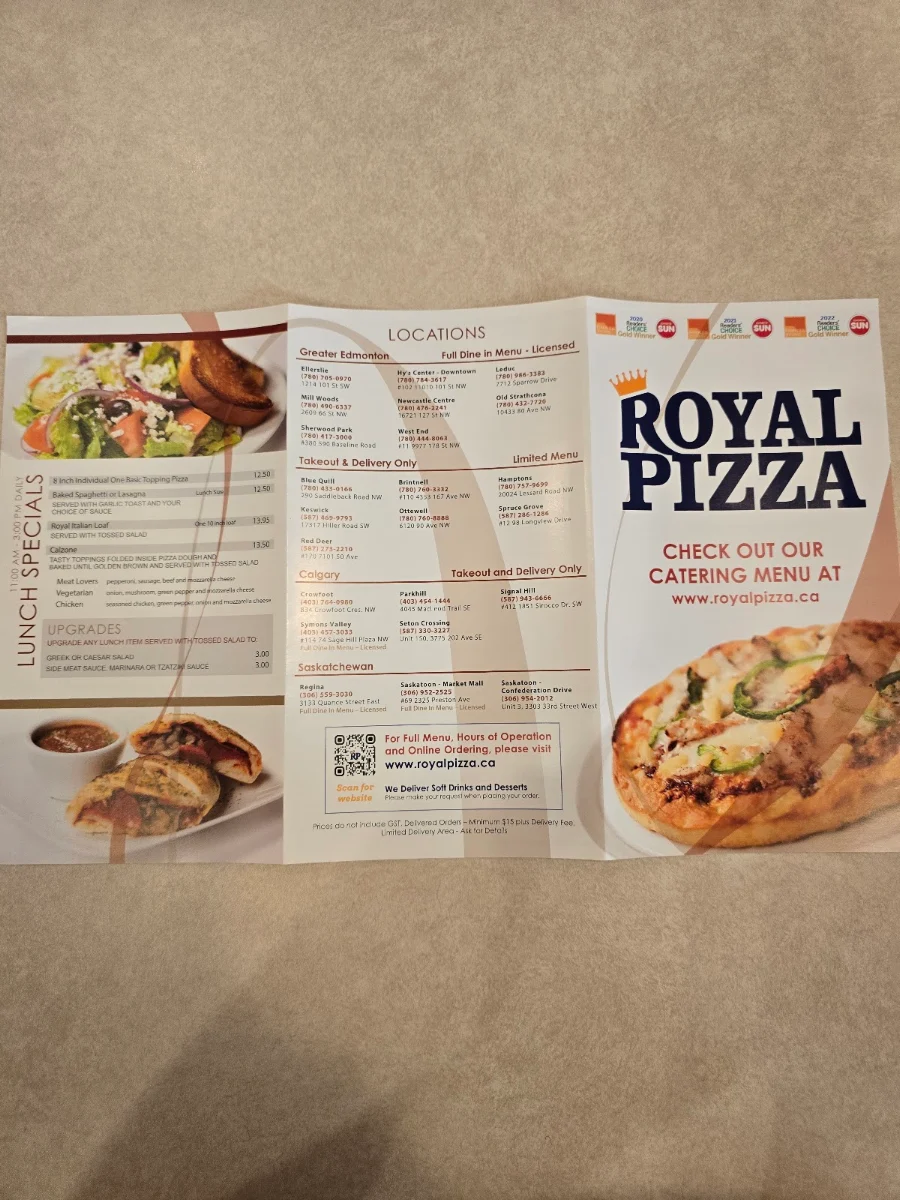 Menu, Royal Pizza Market Mall