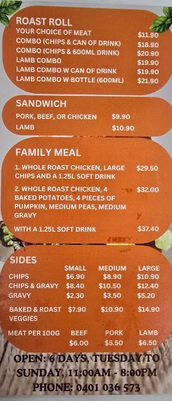 Menu, Family Roast Carvery