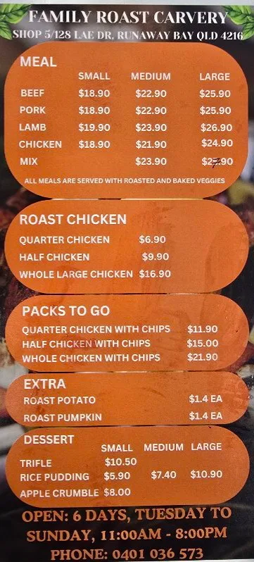 Menu, Family Roast Carvery