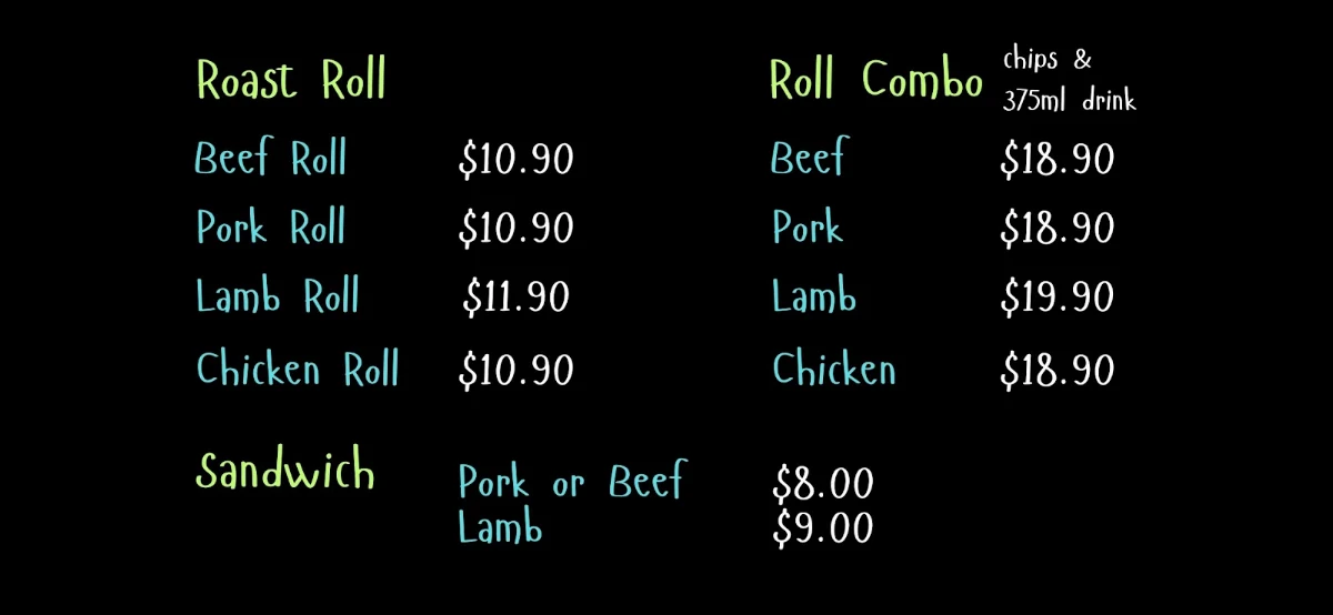 Menu, Family Roast Carvery