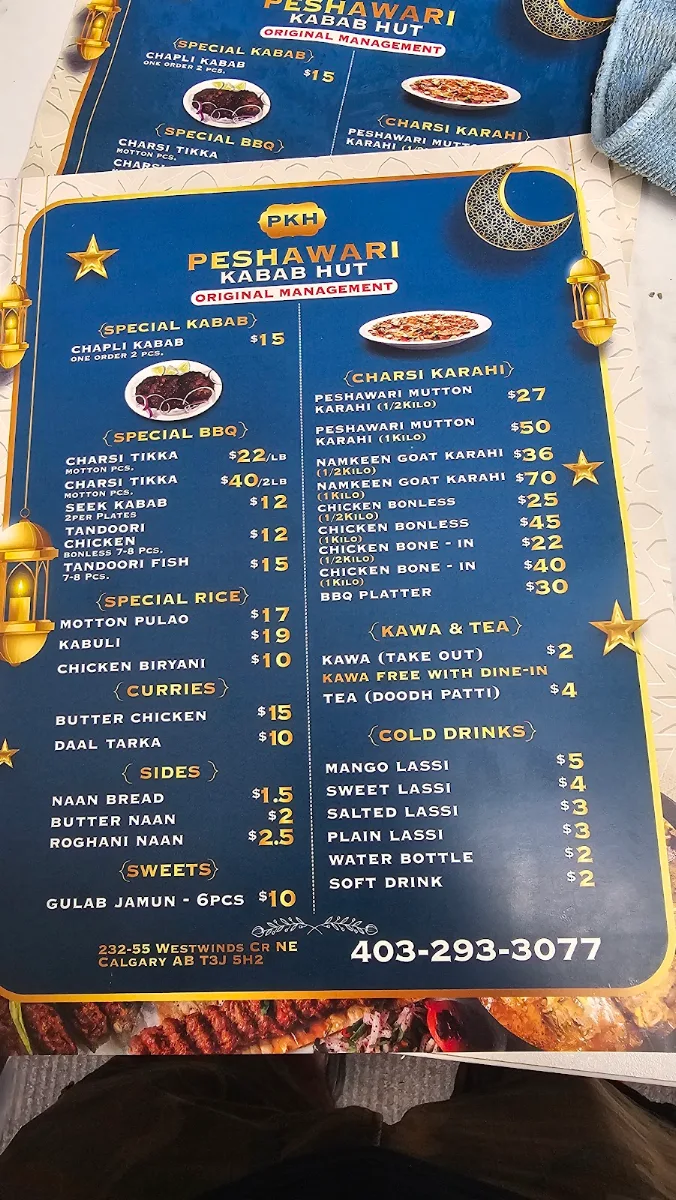Menu, PESHAWARI KABAB HUT